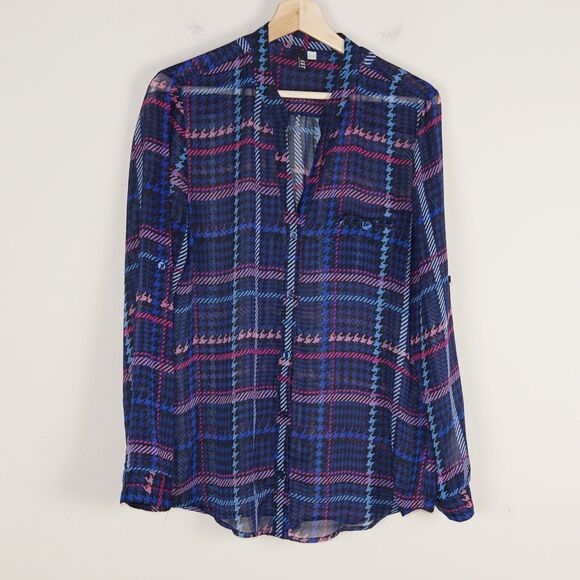 Kut From The Kloth Long Sleeve Houndstooth Plaid Sheer Button Blouse L - Picture 1 of 11